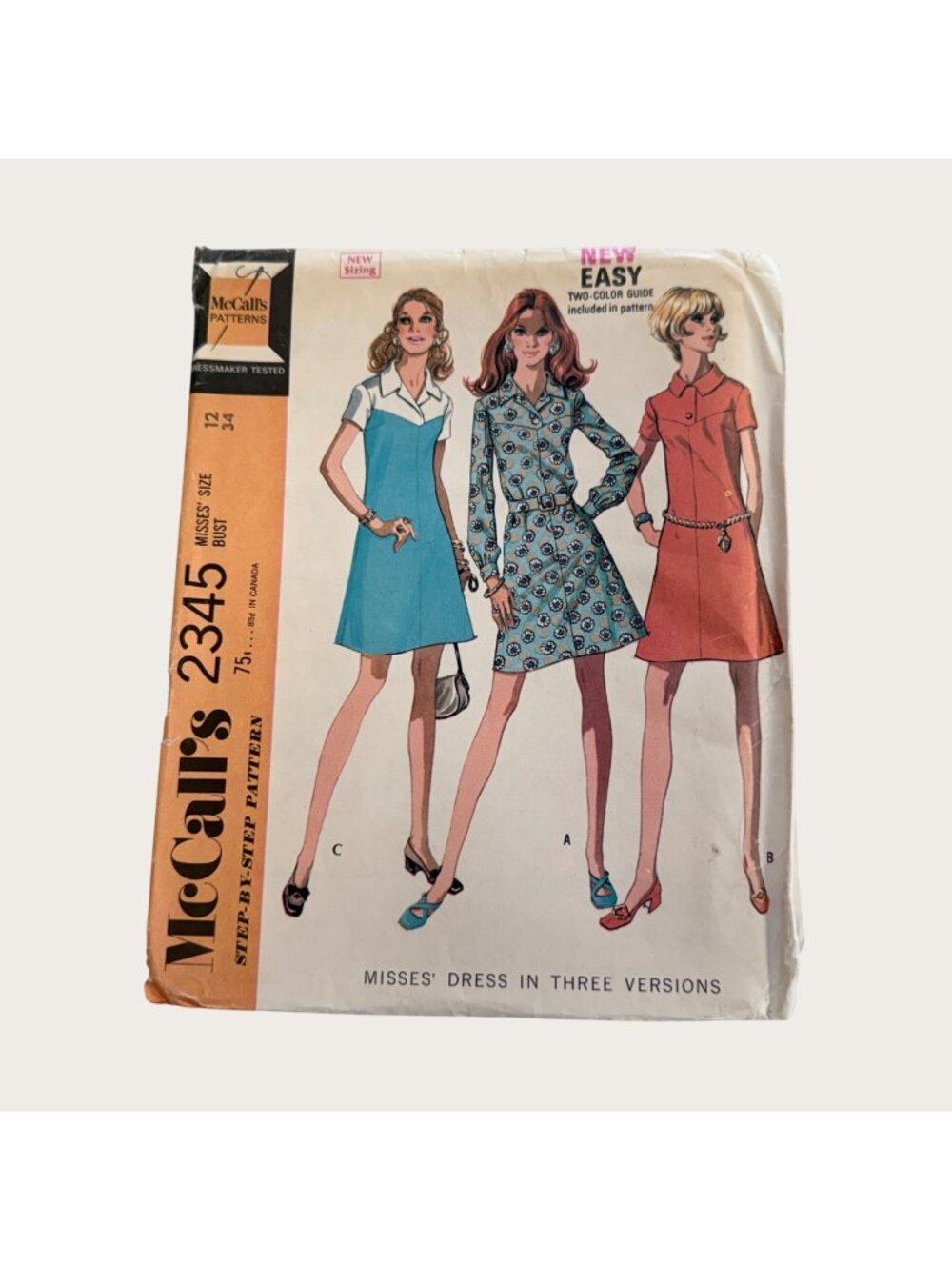 Vintage 1970s McCalls Sewing Pattern 2345 Misses Dress Size 12 Bust 34